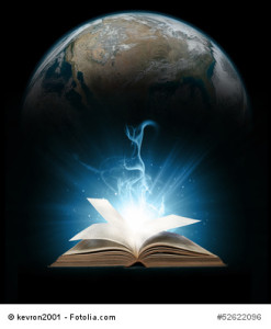 Glowing book with earth